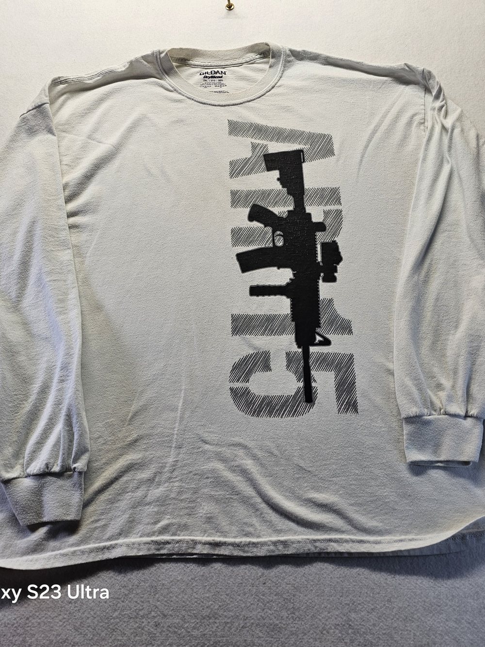 Gildan Men's Long Sleeve Graphic Tee - White with Black Print